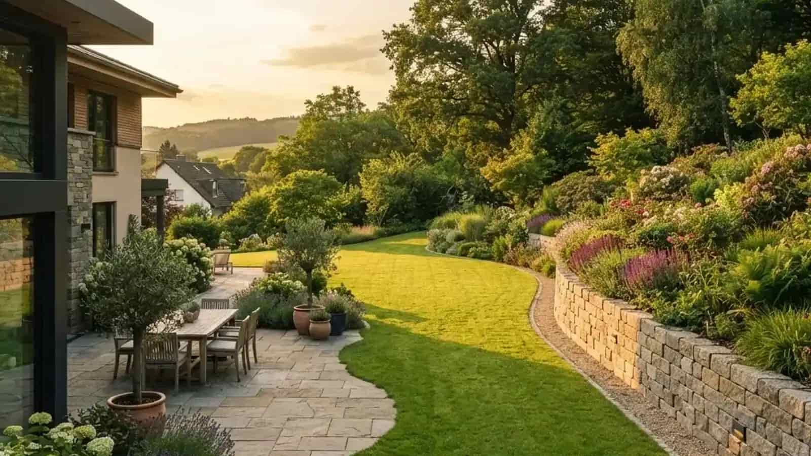Hochwertig angelegter Garten mit Natursteinterrasse und gepflegtem Rasen von SHG Garten- und Landschaftsbau Bad Kreuznach