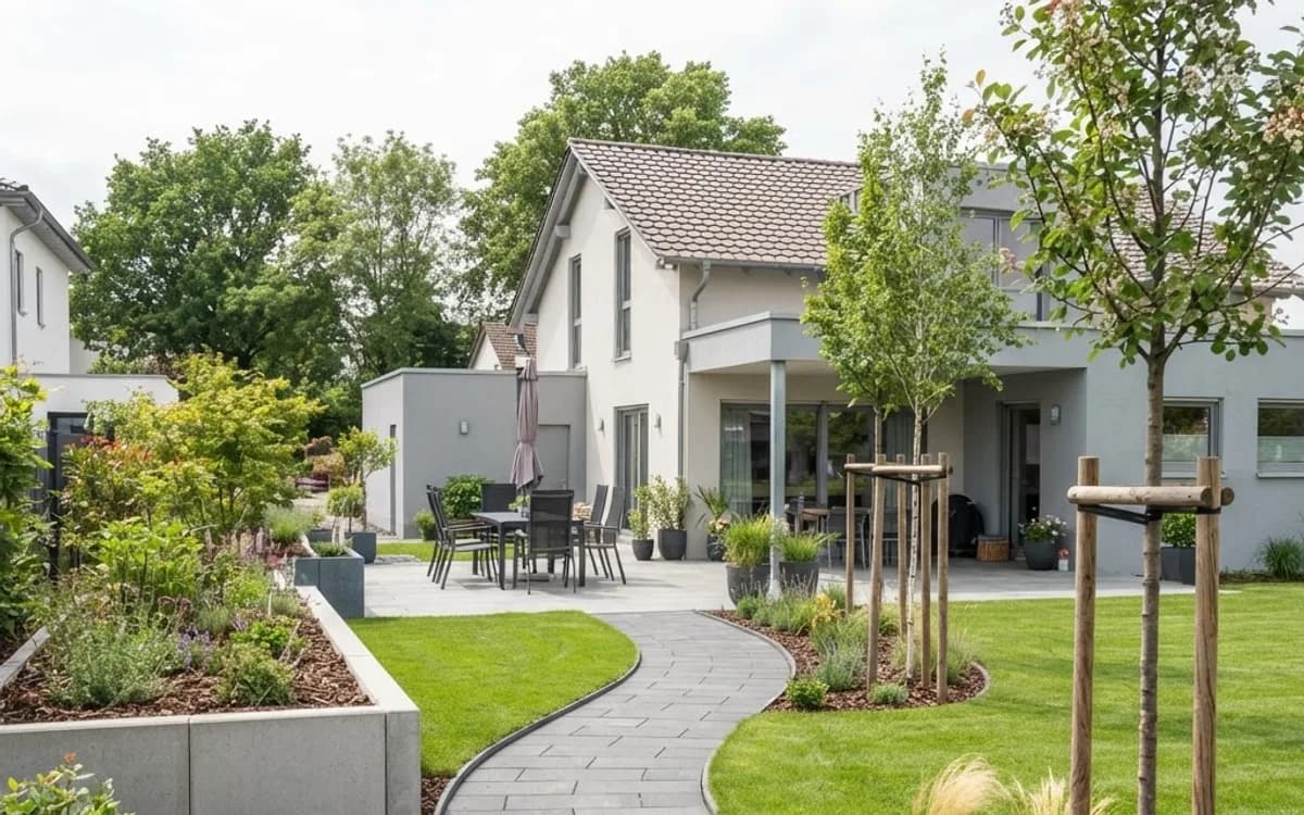 Gartenneuanlage mit frisch verlegtem Rollrasen, Betonsteinpflaster-Weg, L-Steinen und neuer Terrasse – SHG Galabau Bad Kreuznach