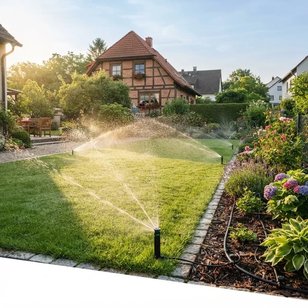 Versenkregner einer automatischen Bewässerungsanlage bewässert einen grünen Rasen im Privatgarten
