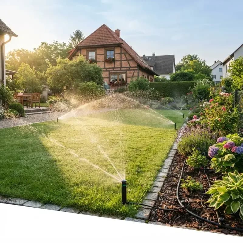 Versenkregner einer automatischen Bewässerungsanlage bewässert einen grünen Rasen im Privatgarten