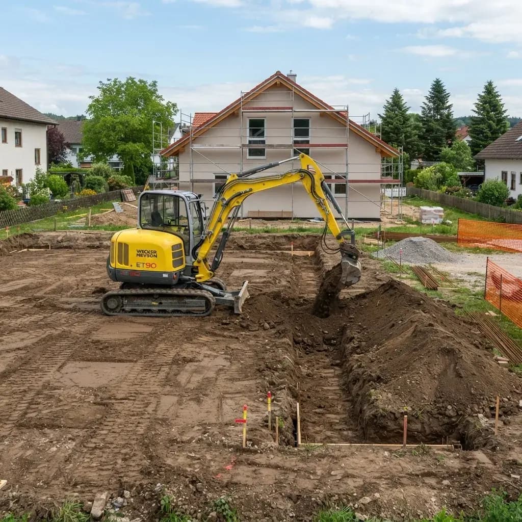 Kompaktbagger bei Erdarbeiten zur Vorbereitung einer neuen Gartenanlage