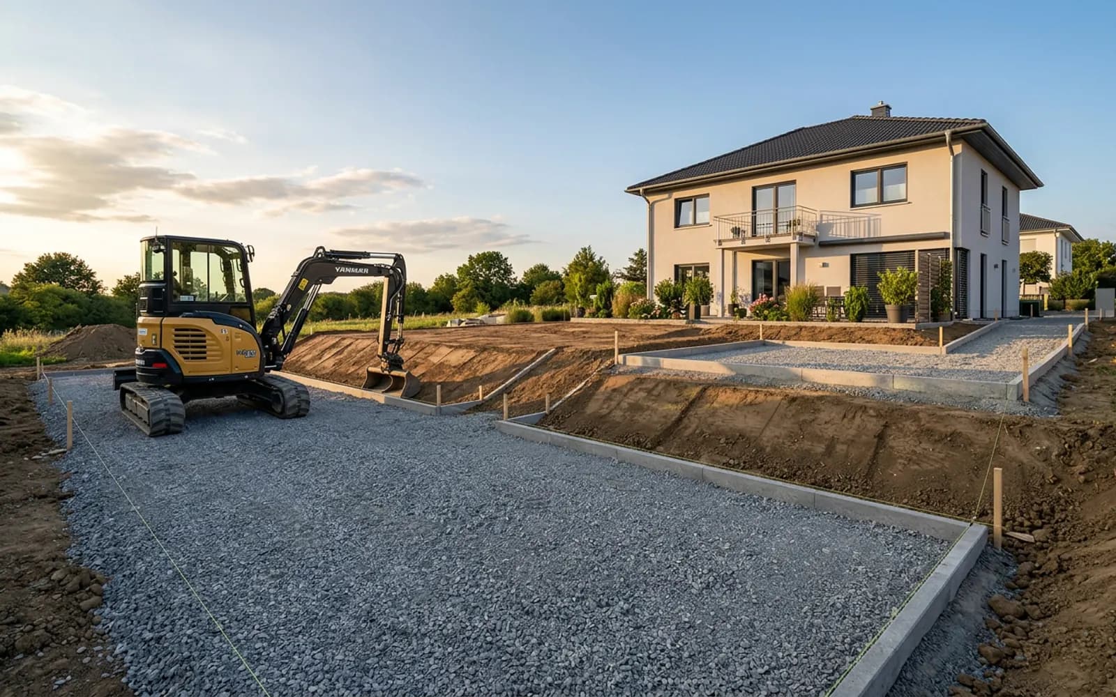 Kompaktbagger bei Erdarbeiten zur Vorbereitung einer neuen Gartenanlage