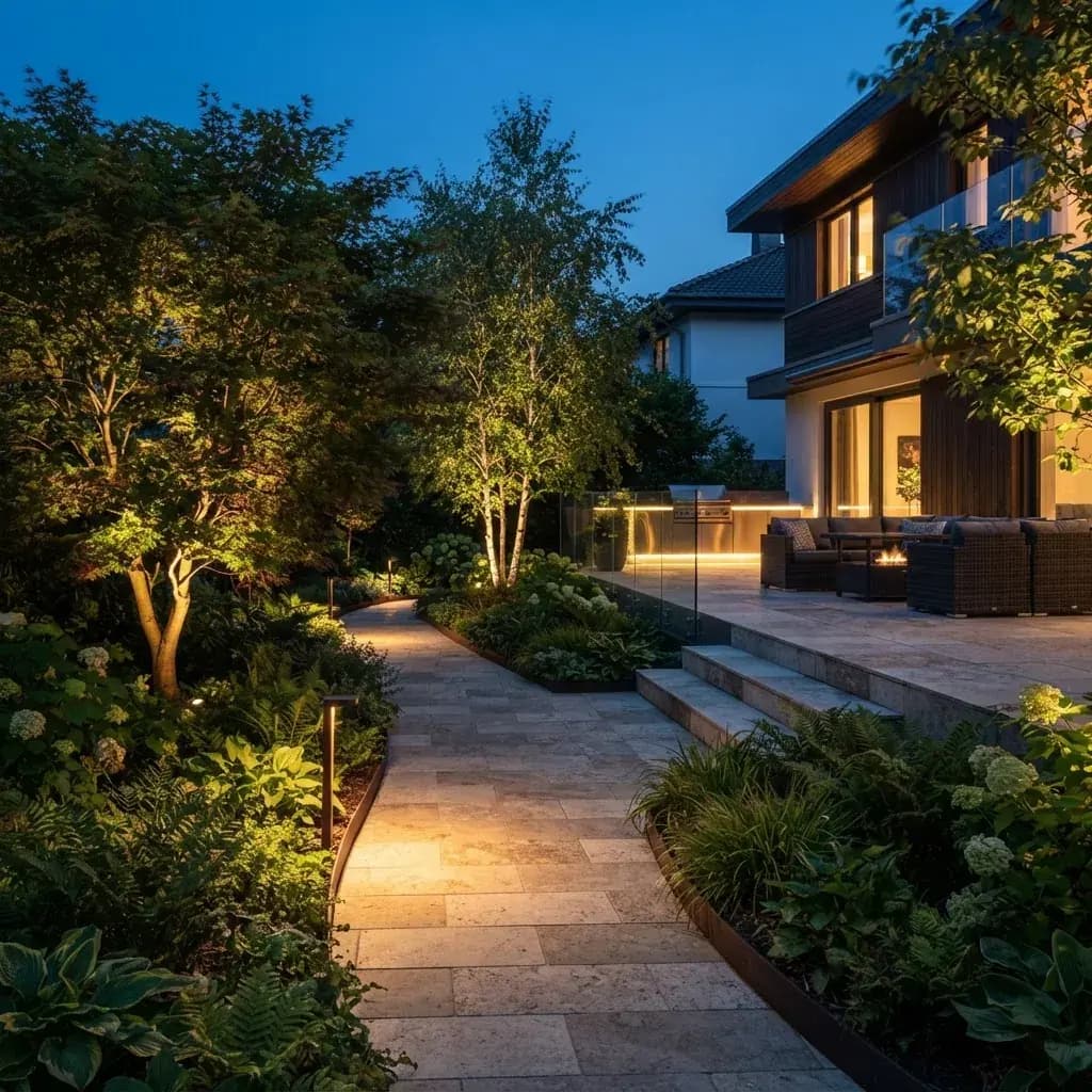Abendlich beleuchteter Garten mit Wegleuchten und angestrahlten Gehölzen