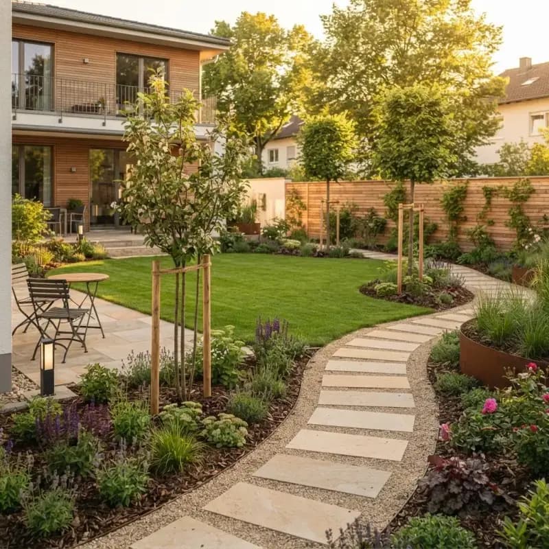 Frisch angelegter Garten mit neuem Rasen, jungen Bäumen und Natursteinweg nach der Neuanlage