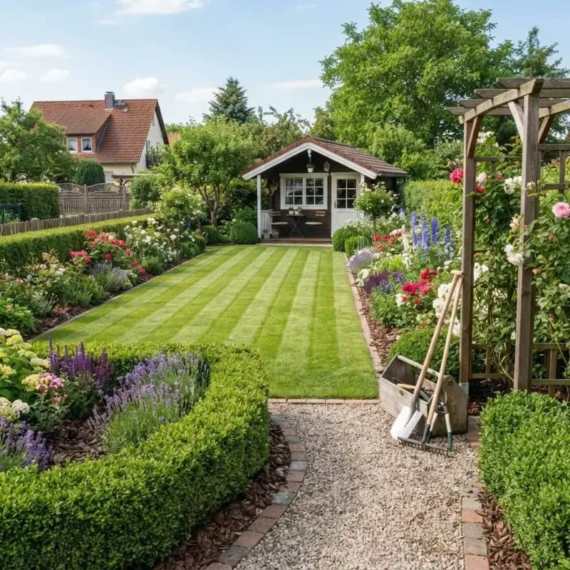 Gärtner bei der Beetpflege in einem gepflegten Privatgarten mit Hecken und Stauden