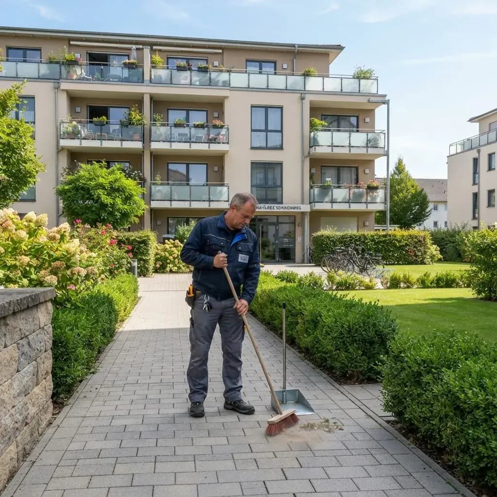 Hausmeister reinigt den gepflasterten Eingangsbereich einer Wohnanlage mit gepflegten Grünflächen