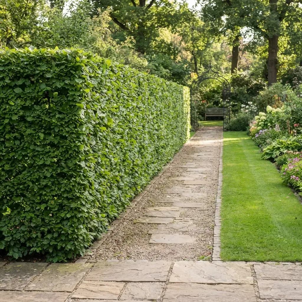 Präzise geschnittene Hainbuchenhecke entlang eines Gartenwegs