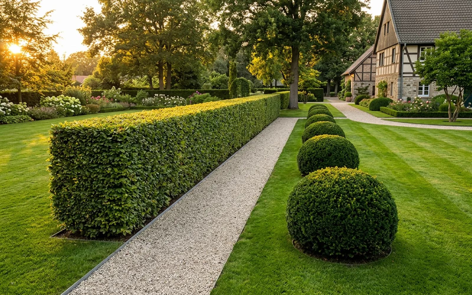 Präzise geschnittene Hainbuchenhecke entlang eines Gartenwegs
