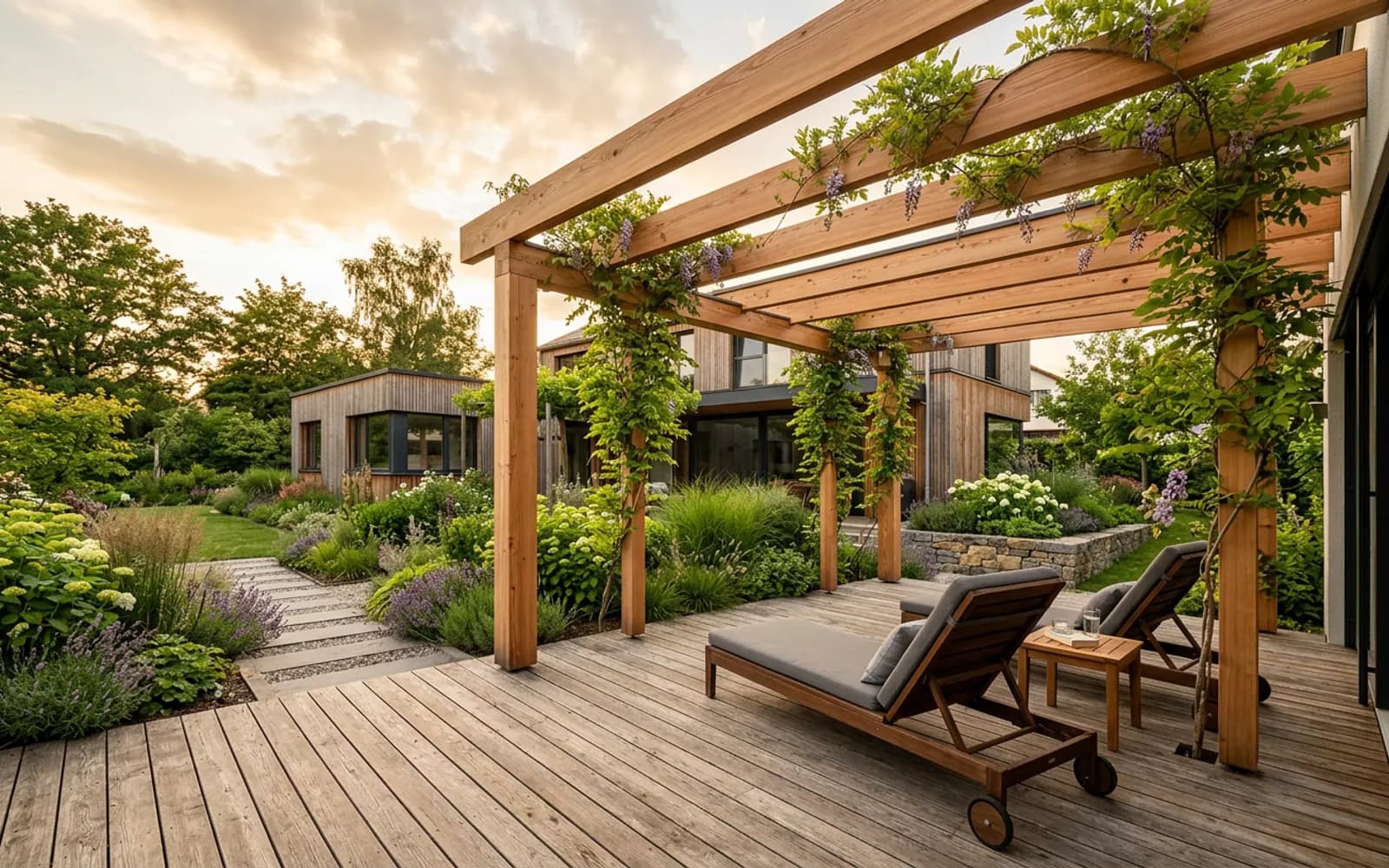 Holzpergola mit Sichtschutzelementen und Hochbeeten aus Lärchenholz in einem Privatgarten