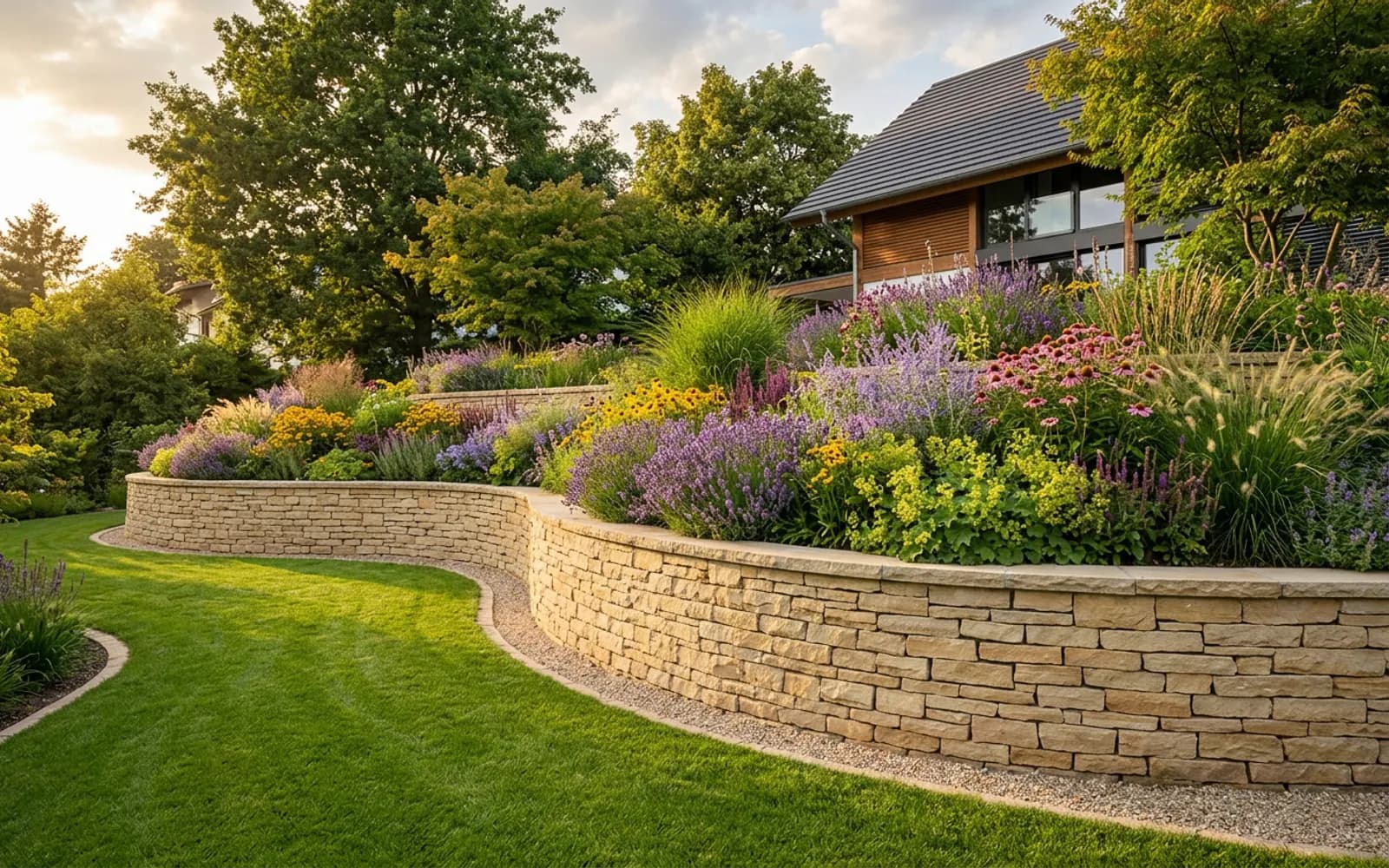 Natursteinmauer als Hangbefestigung mit Staudenbepflanzung in einem terrassierten Garten