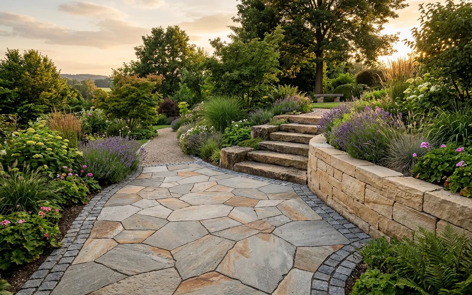 Handwerker verlegt Natursteinplatten aus Granit und Sandstein für einen Gartenweg mit Trockenmauer im Hintergrund