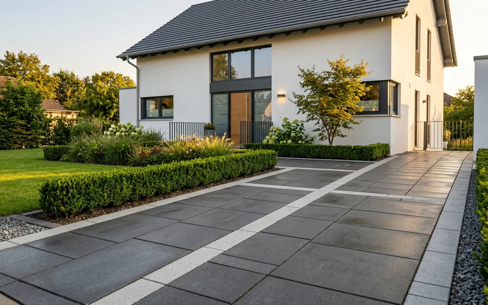 Frisch verlegtes Betonsteinpflaster mit dunklen Akzentsteinen auf einem Stellplatz – Pflasterarbeiten von SHG Garten- und Landschaftsbau in Bad Kreuznach
