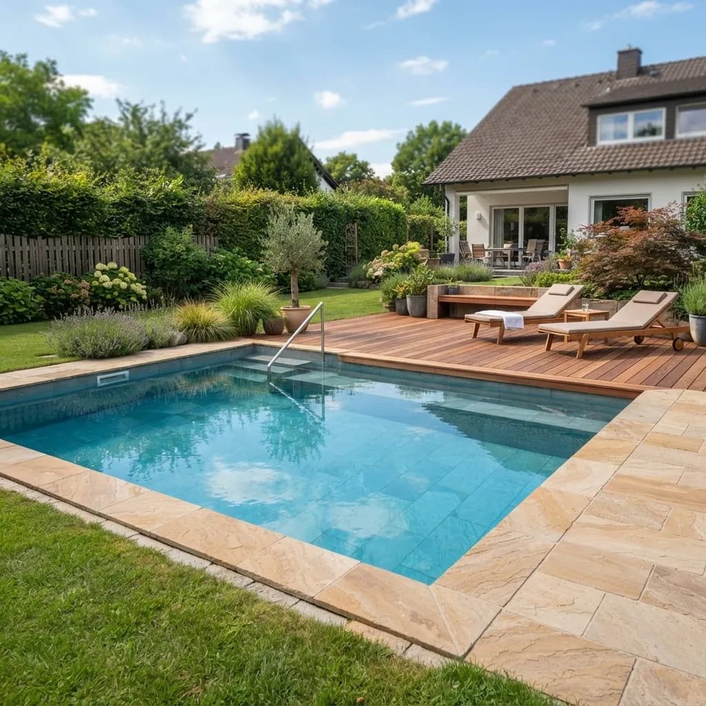 Pool mit heller Natursteinumrandung, Liegebereich und mediterraner Bepflanzung