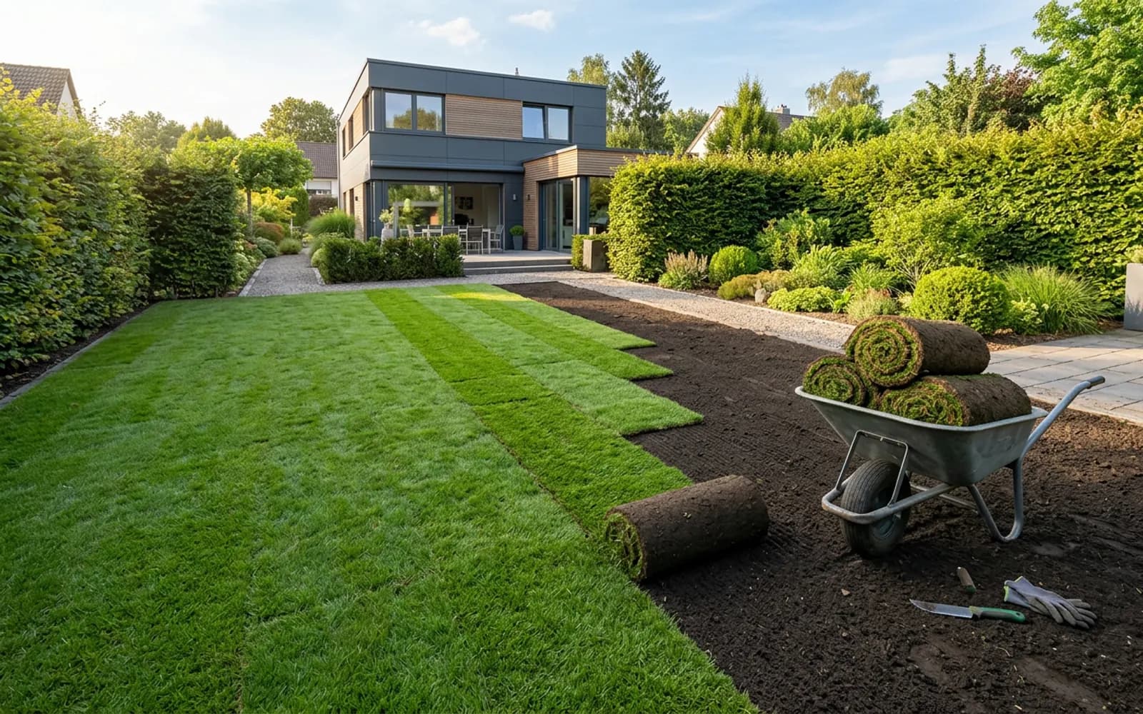 Frisch verlegte Rollrasenbahnen auf vorbereitetem Boden in einem Hausgarten