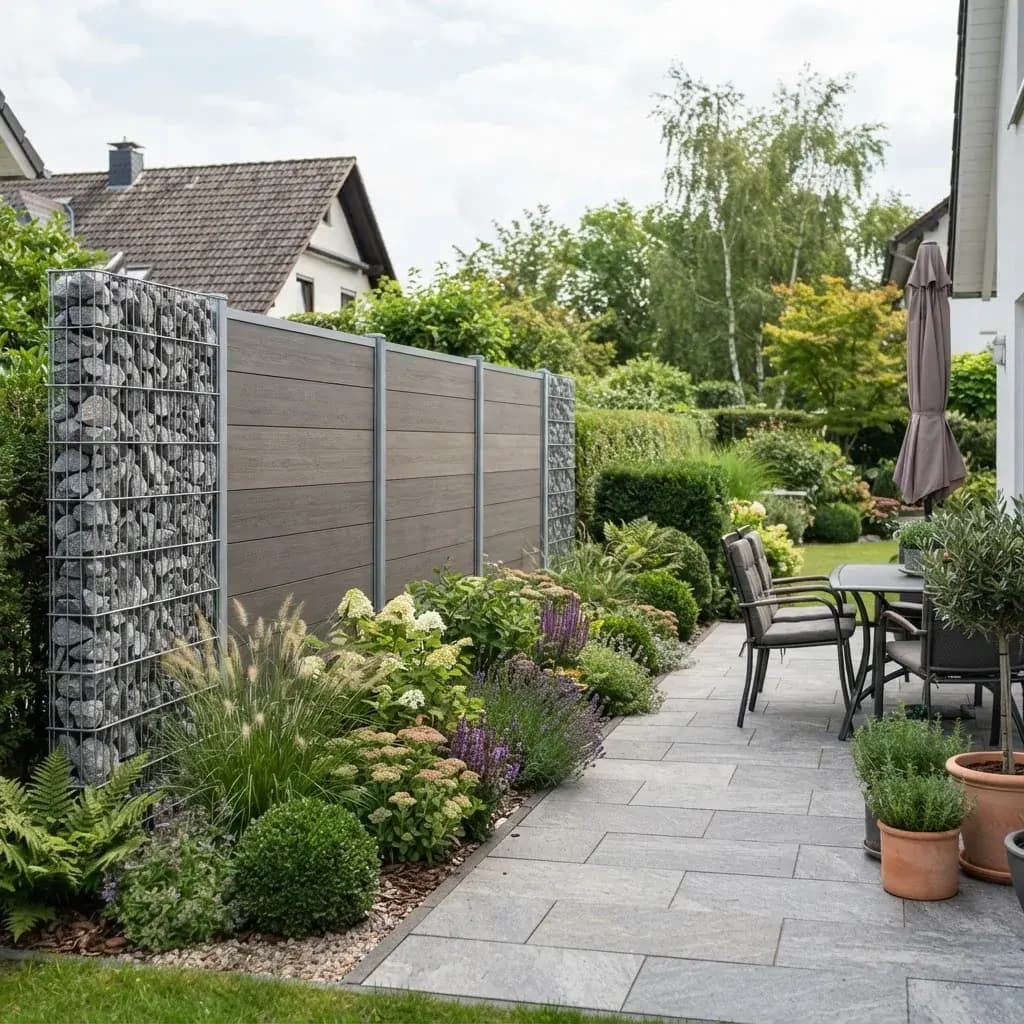 Moderne Sichtschutzwand aus Holzlamellen neben einer Terrasse mit Bepflanzung