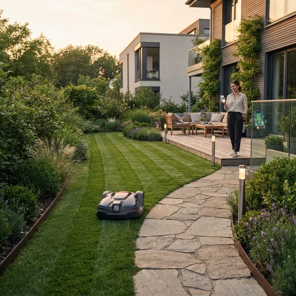 Mähroboter mäht einen gepflegten Rasen in einem modernen Smart Garden mit App-Steuerung