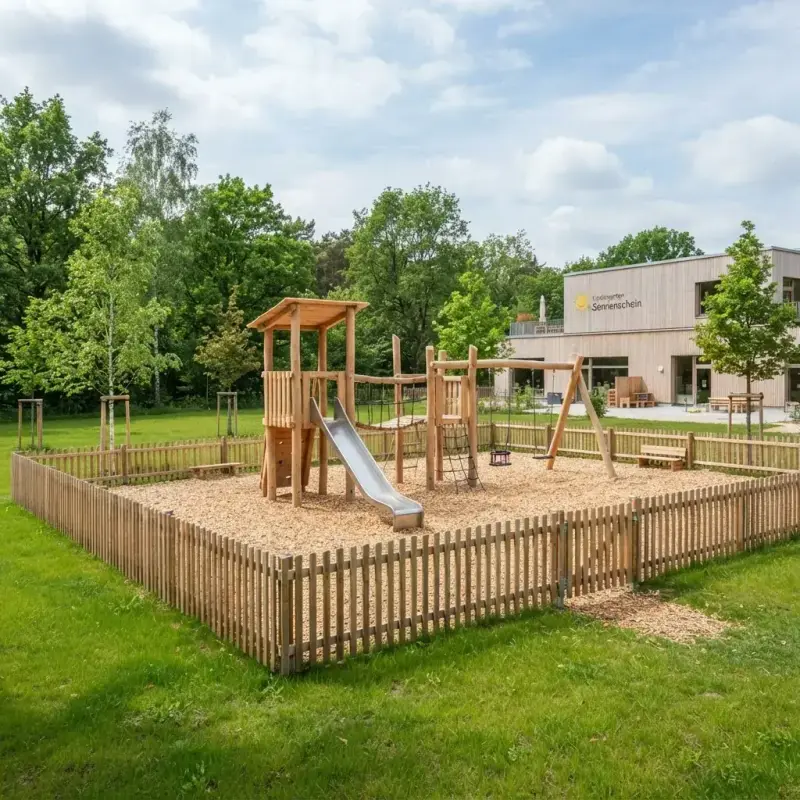 Neu gebauter Kita-Spielplatz mit Holzspielturm, Rutsche und Hackschnitzel-Fallschutz