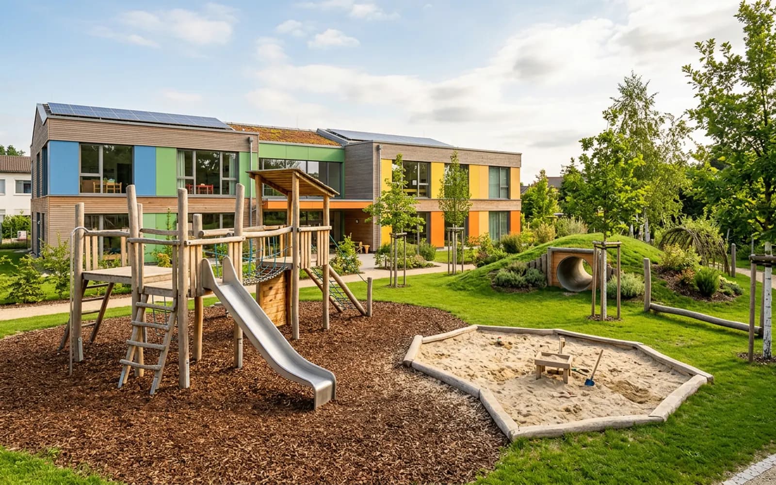 Neu gebauter Kita-Spielplatz mit Holzspielturm, Rutsche und Hackschnitzel-Fallschutz