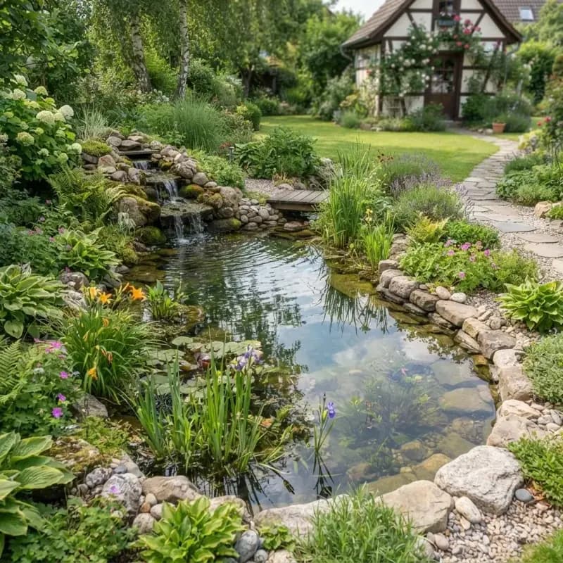 Naturnaher Gartenteich mit Uferbepflanzung, Kieszone und Natursteinen