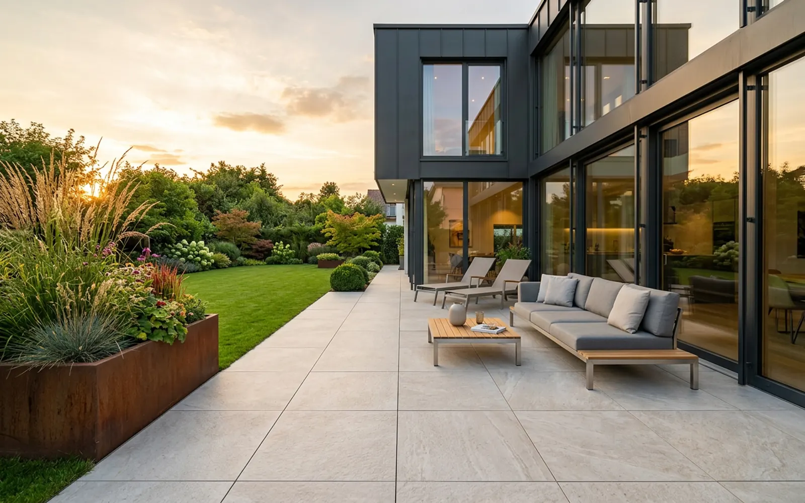 Neu gebaute Terrasse mit großformatigen Feinsteinzeugplatten in Marmoroptik – Terrassenbau von SHG Garten- und Landschaftsbau in Bad Kreuznach
