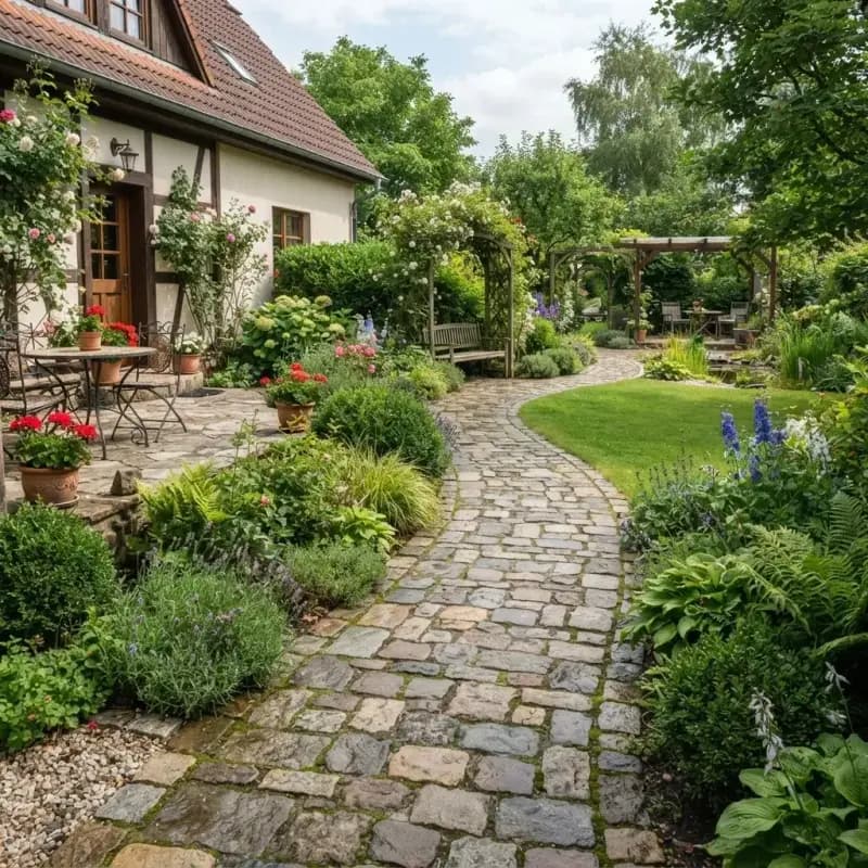 Geschwungener Plattenweg durch einen Garten mit Rasenflächen und Beeten